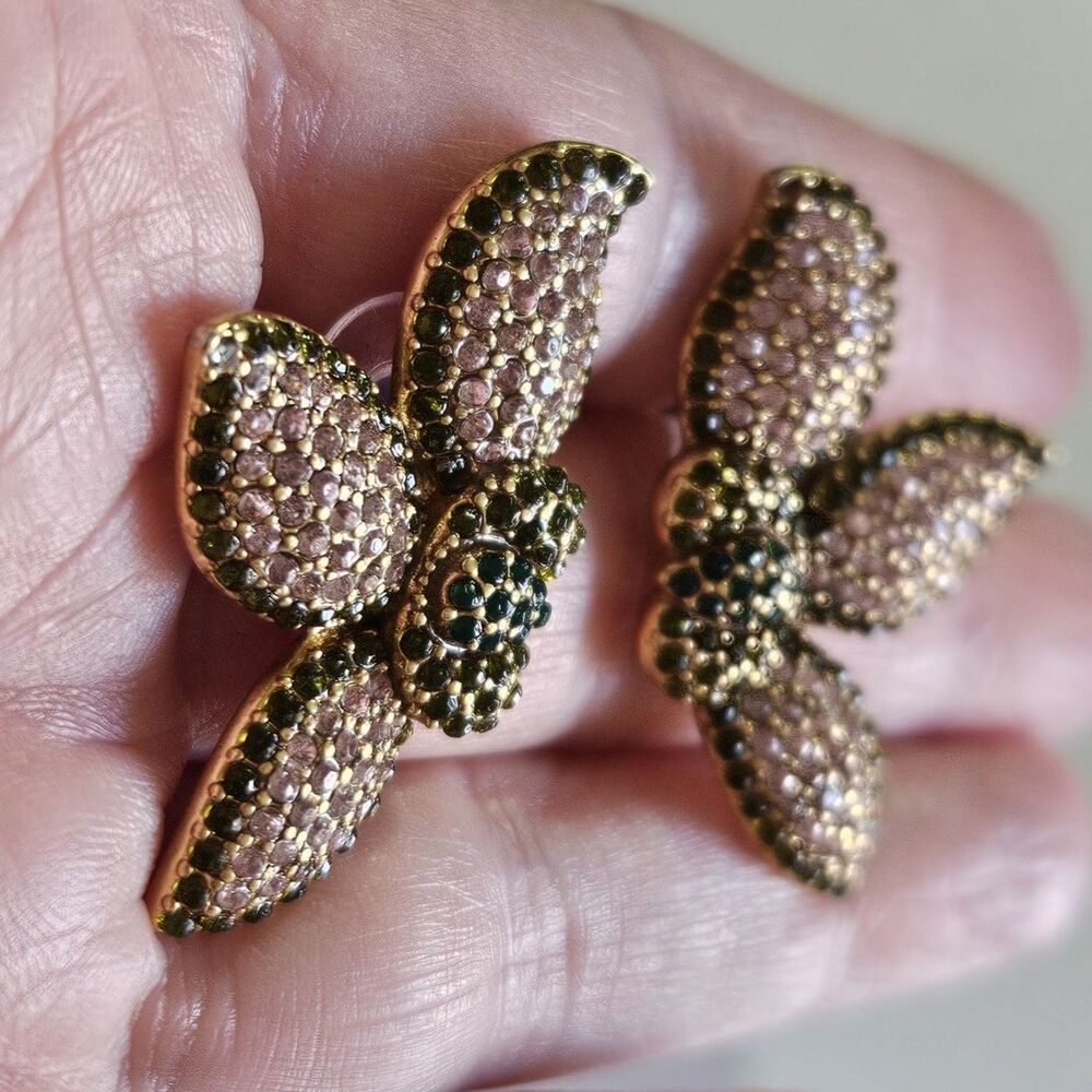 STELLA & DOT Flower Pink Green Pave Rhinestone Pierced Earrings - Picture 4 of 12